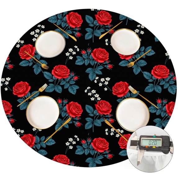 Pioneer Flower Floral Print Pattern Round Fitted Tablecloth with Elastic Edge, Waterproof Dining Table Cover for Indoor Outdoor Camping and Daily Use