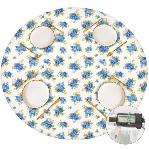 Pioneer Flower Floral Print Pattern Round Fitted Tablecloth with Elastic Edge, Waterproof Dining Table Cover for Indoor Outdoor Camping and Daily Use