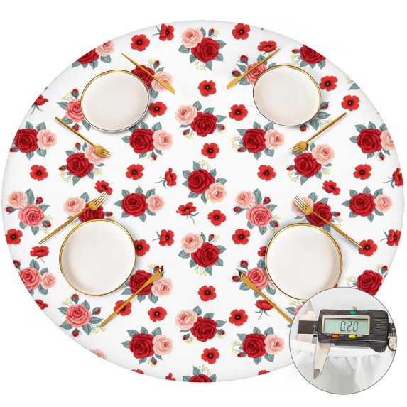Pioneer Flower Floral Print Pattern Round Fitted Tablecloth with Elastic Edge, Waterproof Dining Table Cover for Indoor Outdoor Camping and Daily Use