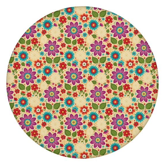 Pioneer Flower Floral Print Pattern Round Fitted Tablecloth with Elastic Edge, Waterproof Dining Table Cover for Indoor Outdoor Camping and Daily Use