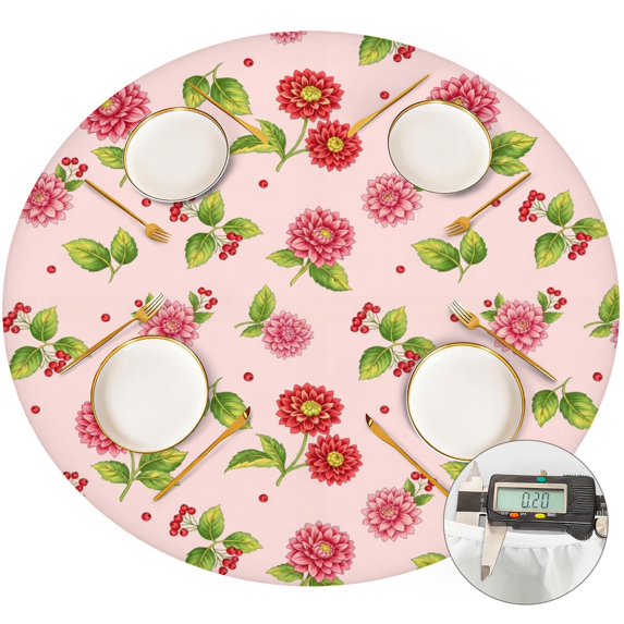Pioneer Flower Floral Print Pattern Round Fitted Tablecloth with Elastic Edge, Waterproof Dining Table Cover for Indoor Outdoor Camping and Daily Use