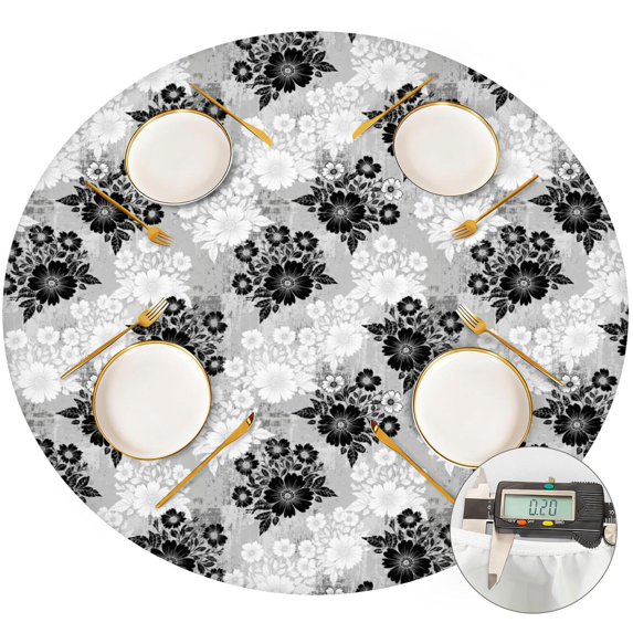 Pioneer Flower Floral Print Pattern Round Fitted Tablecloth with Elastic Edge, Waterproof Dining Table Cover for Indoor Outdoor Camping and Daily Use