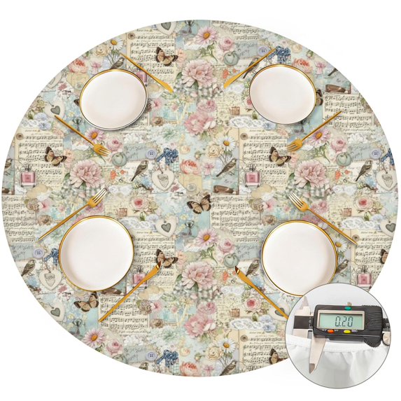 Pioneer Flower Floral Print Pattern Round Fitted Tablecloth with Elastic Edge, Waterproof Dining Table Cover for Indoor Outdoor Camping and Daily Use