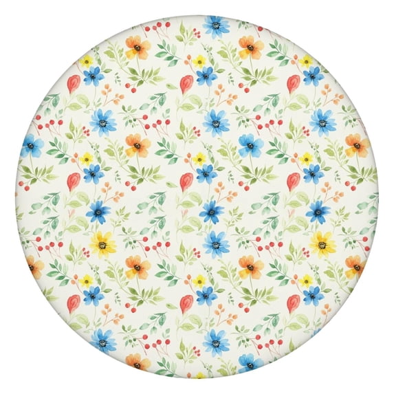 Pioneer Flower Floral Print Pattern Round Fitted Tablecloth with Elastic Edge, Waterproof Dining Table Cover for Indoor Outdoor Camping and Daily Use