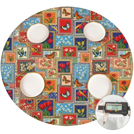 Pioneer Flower Floral Print Pattern Round Fitted Tablecloth with Elastic Edge, Waterproof Dining Table Cover for Indoor Outdoor Camping and Daily Use