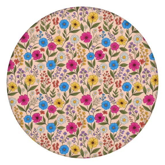 Pioneer Flower Floral Print Pattern Round Fitted Tablecloth with Elastic Edge, Waterproof Dining Table Cover for Indoor Outdoor Camping and Daily Use