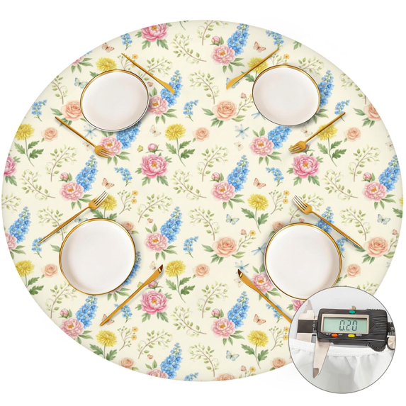 Pioneer Flower Floral Print Pattern Round Fitted Tablecloth with Elastic Edge, Waterproof Dining Table Cover for Indoor Outdoor Camping and Daily Use