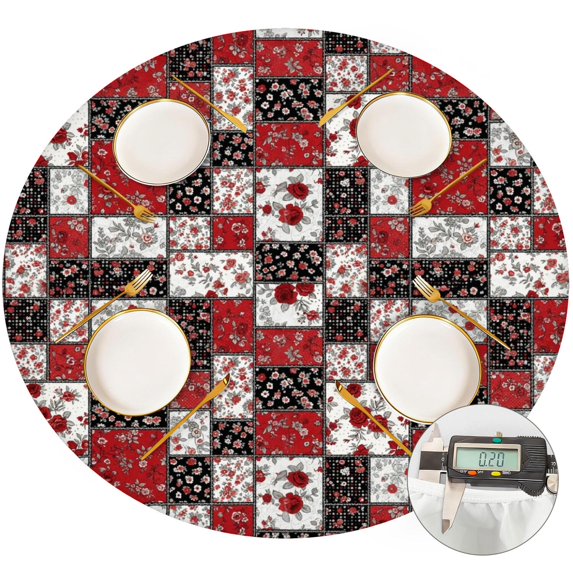 Pioneer Flower Floral Print Pattern Round Fitted Tablecloth with Elastic Edge, Waterproof Dining Table Cover for Indoor Outdoor Camping and Daily Use