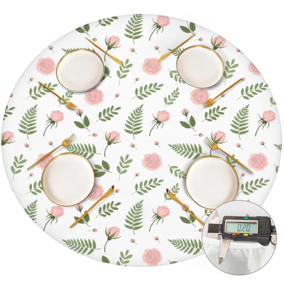 Pioneer Flower Floral Print Pattern Round Fitted Tablecloth with Elastic Edge, Waterproof Dining Table Cover for Indoor Outdoor Camping and Daily Use