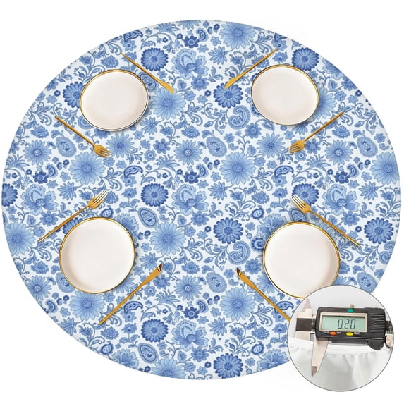 Pioneer Flower Floral Print Pattern Round Fitted Tablecloth with Elastic Edge, Waterproof Dining Table Cover for Indoor Outdoor Camping and Daily Use