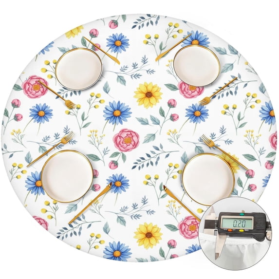 Pioneer Flower Floral Print Pattern Round Fitted Tablecloth with Elastic Edge, Waterproof Dining Table Cover for Indoor Outdoor Camping and Daily Use