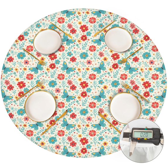 Pioneer Flower Floral Print Pattern Round Fitted Tablecloth with Elastic Edge, Waterproof Dining Table Cover for Indoor Outdoor Camping and Daily Use