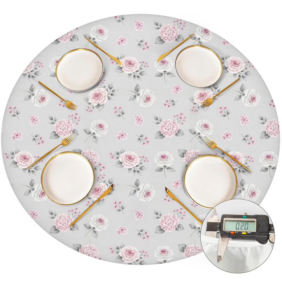 Pioneer Flower Floral Print Pattern Round Fitted Tablecloth with Elastic Edge, Waterproof Dining Table Cover for Indoor Outdoor Camping and Daily Use