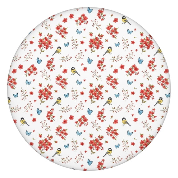Pioneer Flower Floral Print Pattern Round Fitted Tablecloth with Elastic Edge, Waterproof Dining Table Cover for Indoor Outdoor Camping and Daily Use