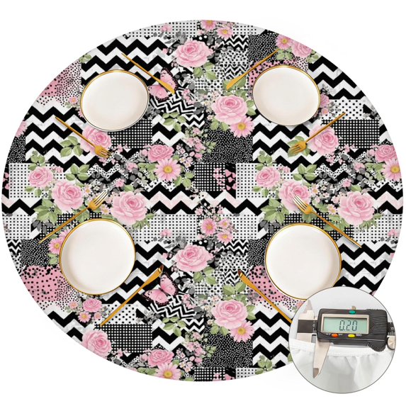 Pioneer Flower Floral Print Pattern Round Fitted Tablecloth with Elastic Edge, Waterproof Dining Table Cover for Indoor Outdoor Camping and Daily Use