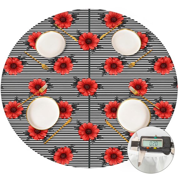 Pioneer Flower Floral Print Pattern Round Fitted Tablecloth with Elastic Edge, Waterproof Dining Table Cover for Indoor Outdoor Camping and Daily Use