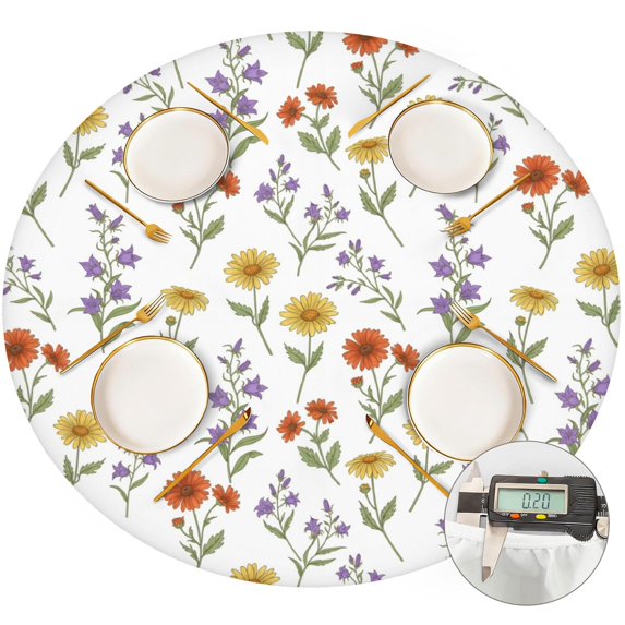 Pioneer Flower Floral Print Pattern Round Fitted Tablecloth with Elastic Edge, Waterproof Dining Table Cover for Indoor Outdoor Camping and Daily Use