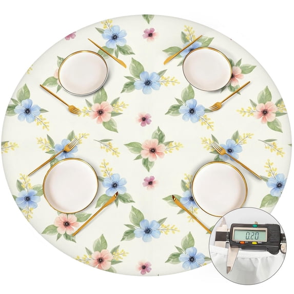 Pioneer Flower Floral Print Pattern Round Fitted Tablecloth with Elastic Edge, Waterproof Dining Table Cover for Indoor Outdoor Camping and Daily Use