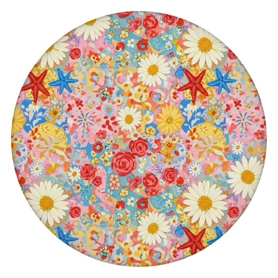 Pioneer Flower Floral Print Pattern Round Fitted Tablecloth with Elastic Edge, Waterproof Dining Table Cover for Indoor Outdoor Camping and Daily Use