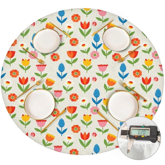 Pioneer Flower Floral Print Pattern Round Fitted Tablecloth with Elastic Edge, Waterproof Dining Table Cover for Indoor Outdoor Camping and Daily Use