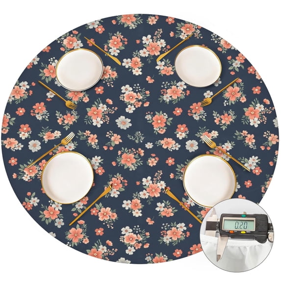 Pioneer Flower Floral Print Pattern Round Fitted Tablecloth with Elastic Edge, Waterproof Dining Table Cover for Indoor Outdoor Camping and Daily Use