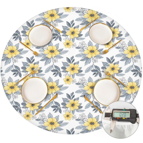 Pioneer Flower Floral Print Pattern Round Fitted Tablecloth with Elastic Edge, Waterproof Dining Table Cover for Indoor Outdoor Camping and Daily Use