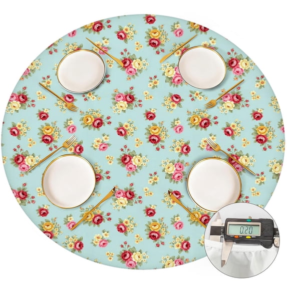 Pioneer Flower Floral Print Pattern Round Fitted Tablecloth with Elastic Edge, Waterproof Dining Table Cover for Indoor Outdoor Camping and Daily Use