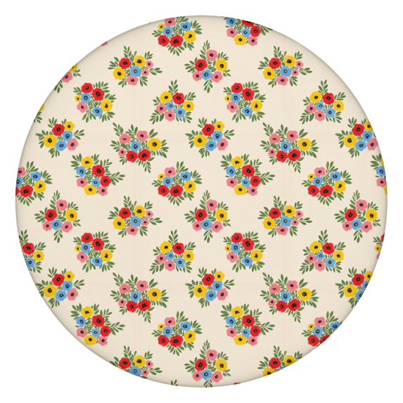 Pioneer Flower Floral Print Pattern Round Fitted Tablecloth with Elastic Edge, Waterproof Dining Table Cover for Indoor Outdoor Camping and Daily Use