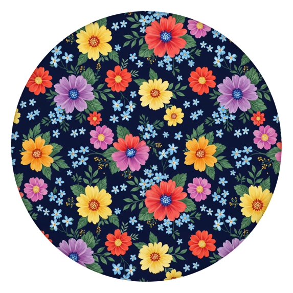 Pioneer Flower Floral Print Pattern Round Fitted Tablecloth with Elastic Edge, Waterproof Dining Table Cover for Indoor Outdoor Camping and Daily Use