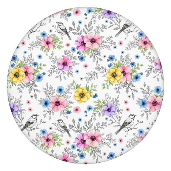 Pioneer Flower Floral Print Pattern Round Fitted Tablecloth with Elastic Edge, Waterproof Dining Table Cover for Indoor Outdoor Camping and Daily Use