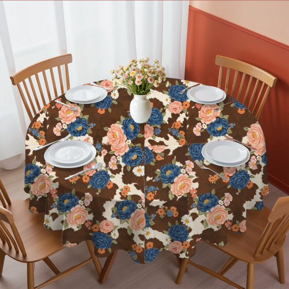 Pioneer Flower Floral Print Pattern Round Tablecloth 60 X 60 Inch, Wrinkle Resistant Wipeable Table Cloth for Kitchen Dining Picnic Patio Party