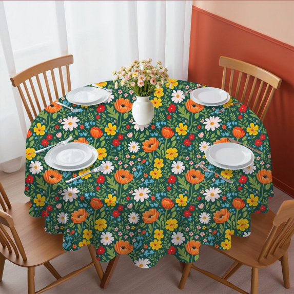 Pioneer Flower Floral Print Pattern Round Tablecloth 60 X 60 Inch, Wrinkle Resistant Wipeable Table Cloth for Kitchen Dining Picnic Patio Party