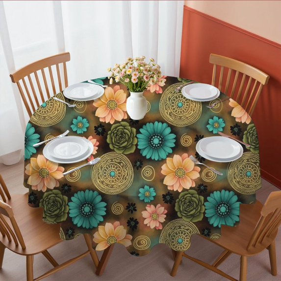 Pioneer Flower Floral Print Pattern Round Tablecloth 60 X 60 Inch, Wrinkle Resistant Wipeable Table Cloth for Kitchen Dining Picnic Patio Party
