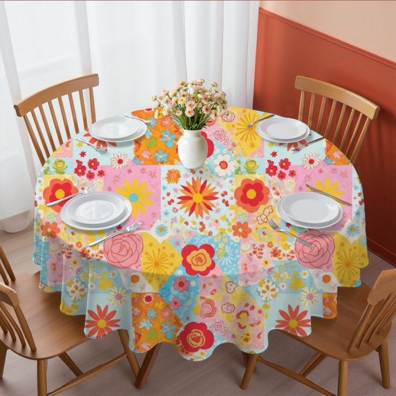 Pioneer Flower Floral Print Pattern Round Tablecloth 60 X 60 Inch, Wrinkle Resistant Wipeable Table Cloth for Kitchen Dining Picnic Patio Party