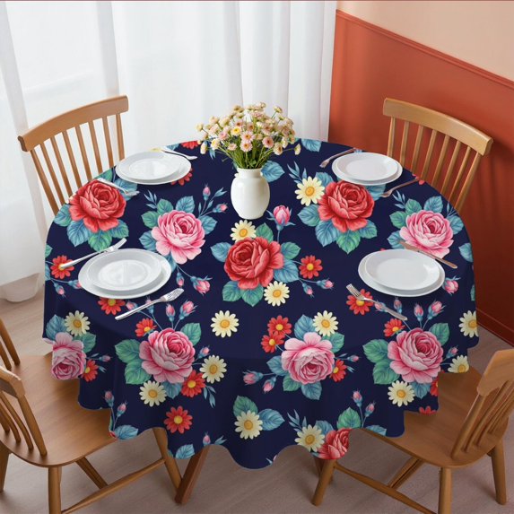 Pioneer Flower Floral Print Pattern Round Tablecloth 60 X 60 Inch, Wrinkle Resistant Wipeable Table Cloth for Kitchen Dining Picnic Patio Party