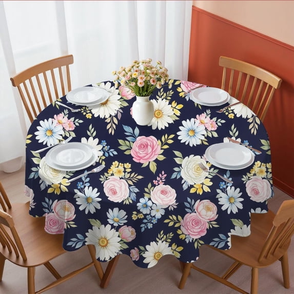 Pioneer Flower Floral Print Pattern Round Tablecloth 60 X 60 Inch, Wrinkle Resistant Wipeable Table Cloth for Kitchen Dining Picnic Patio Party