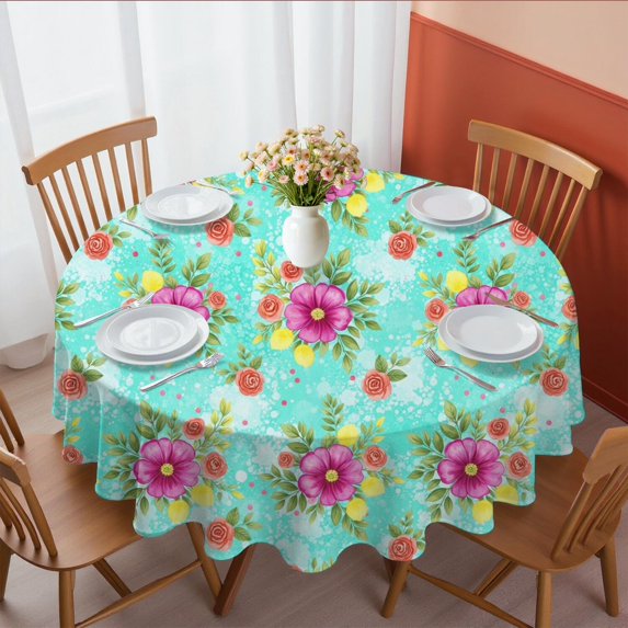 Pioneer Flower Floral Print Pattern Round Tablecloth 60 X 60 Inch, Wrinkle Resistant Wipeable Table Cloth for Kitchen Dining Picnic Patio Party