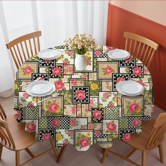 Pioneer Flower Floral Print Pattern Round Tablecloth 60 X 60 Inch, Wrinkle Resistant Wipeable Table Cloth for Kitchen Dining Picnic Patio Party