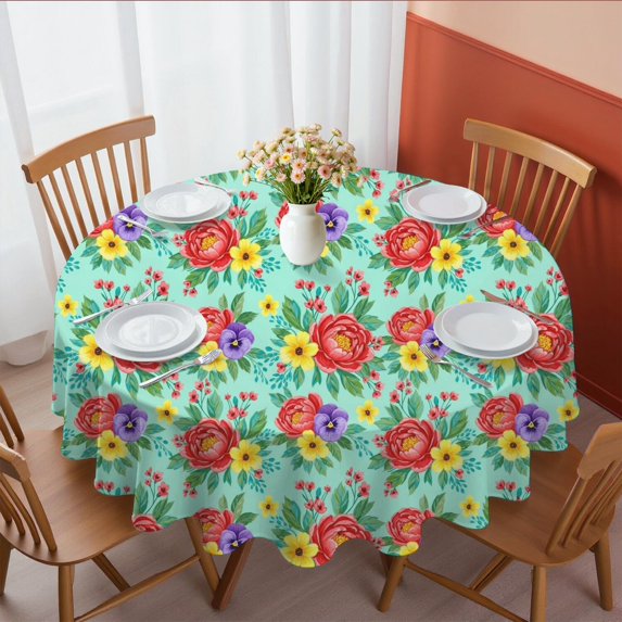 Pioneer Flower Floral Print Pattern Round Tablecloth 60 X 60 Inch, Wrinkle Resistant Wipeable Table Cloth for Kitchen Dining Picnic Patio Party