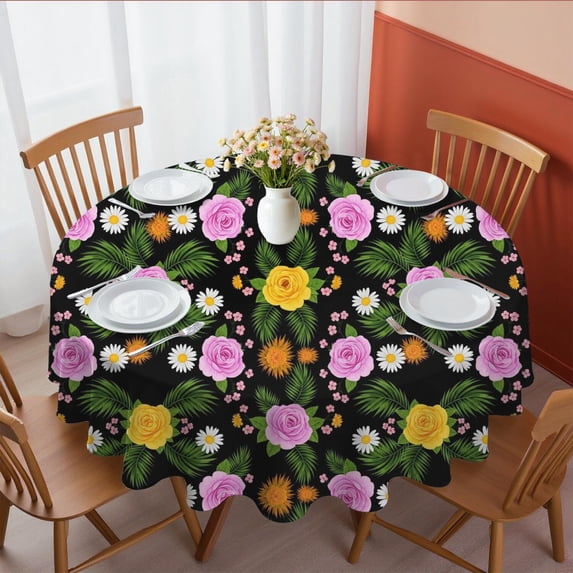 Pioneer Flower Floral Print Pattern Round Tablecloth 60 X 60 Inch, Wrinkle Resistant Wipeable Table Cloth for Kitchen Dining Picnic Patio Party