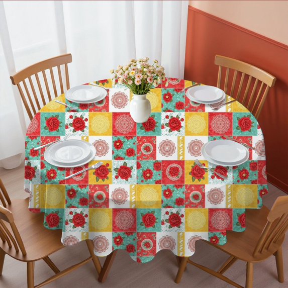 Pioneer Flower Floral Print Pattern Round Tablecloth 60"x60", Wrinkle Resistant Wipeable Table Cover for Kitchen Dining Room Picnic Patio and Party