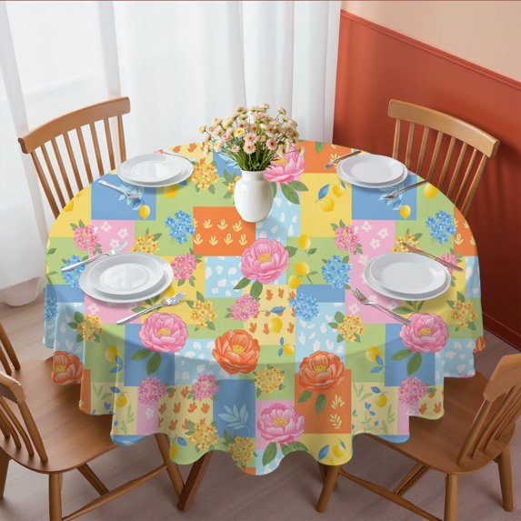 Pioneer Flower Floral Print Pattern Round Tablecloth 60"x60", Wrinkle Resistant Wipeable Table Cover for Kitchen Dining Room Picnic Patio and Party