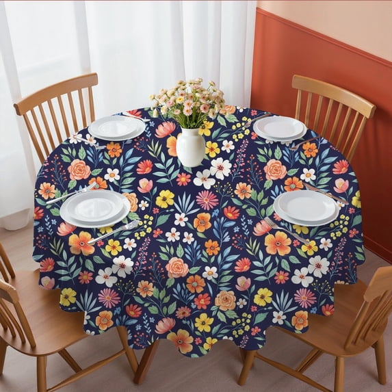 Pioneer Flower Floral Print Pattern Round Tablecloth 60"x60", Wrinkle Resistant Wipeable Table Cover for Kitchen Dining Room Picnic Patio and Party