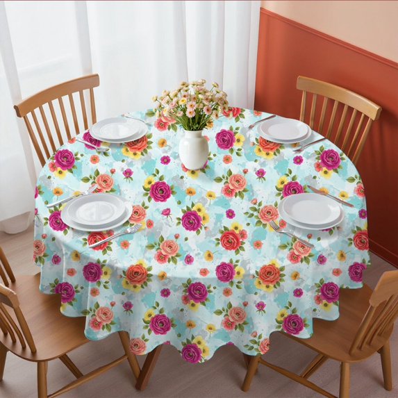 Pioneer Flower Floral Print Pattern Round Tablecloth 60"x60", Wrinkle Resistant Wipeable Table Cover for Kitchen Dining Room Picnic Patio and Party