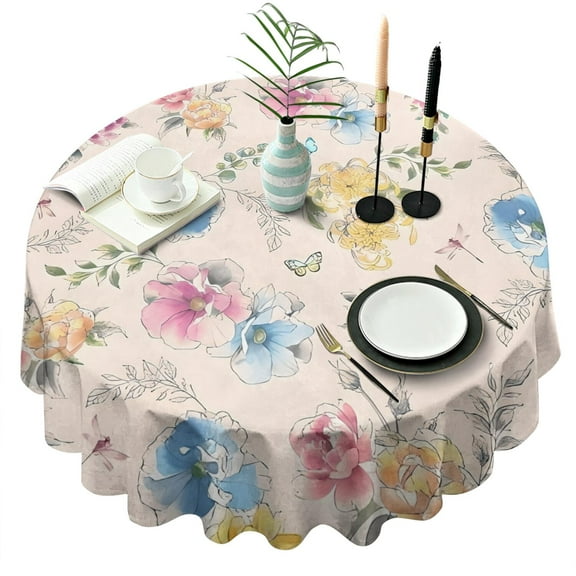 Pioneer Flower Floral Print Pattern Round Tablecloth 60"x60",Wrinkle Wipeable Table Cloth for Kitchen Dining Room Picnic Patio Party