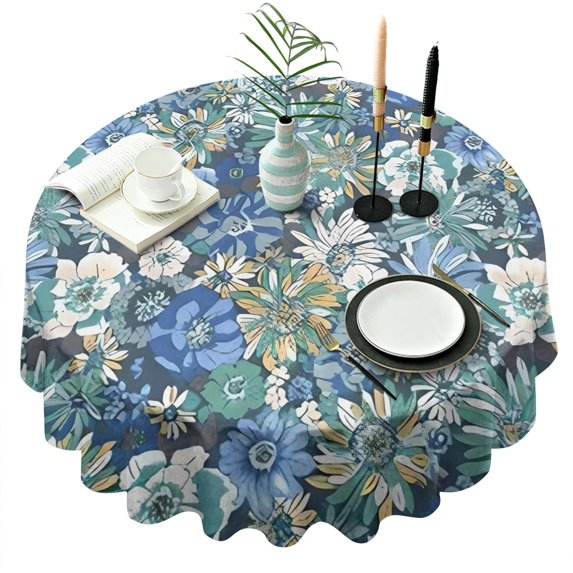 Pioneer Flower Floral Print Pattern Round Tablecloth 60"x60",Wrinkle Wipeable Table Cloth for Kitchen Dining Room Picnic Patio Party