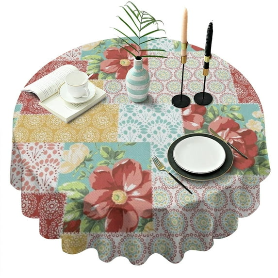 Pioneer Flower Floral Print Pattern Round Tablecloth 60"x60",Wrinkle Wipeable Table Cloth for Kitchen Dining Room Picnic Patio Party