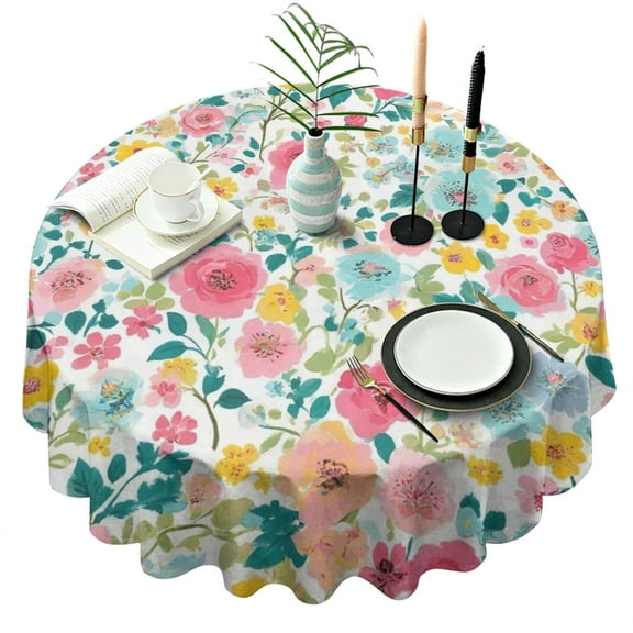 Pioneer Flower Floral Print Pattern Round Tablecloth 60"x60",Wrinkle Wipeable Table Cloth for Kitchen Dining Room Picnic Patio Party
