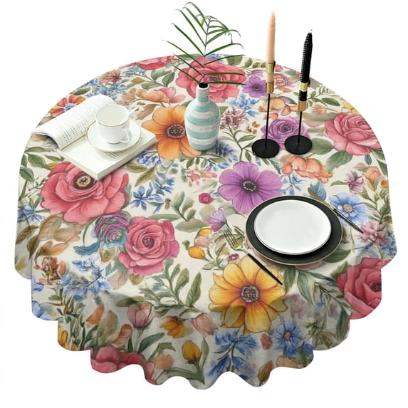 Pioneer Flower Floral Print Pattern Round Tablecloth 60"x60",Wrinkle Wipeable Table Cloth for Kitchen Dining Room Picnic Patio Party