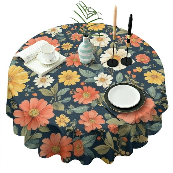 Pioneer Flower Floral Print Pattern Round Tablecloth 60"x60",Wrinkle Wipeable Table Cloth for Kitchen Dining Room Picnic Patio Party